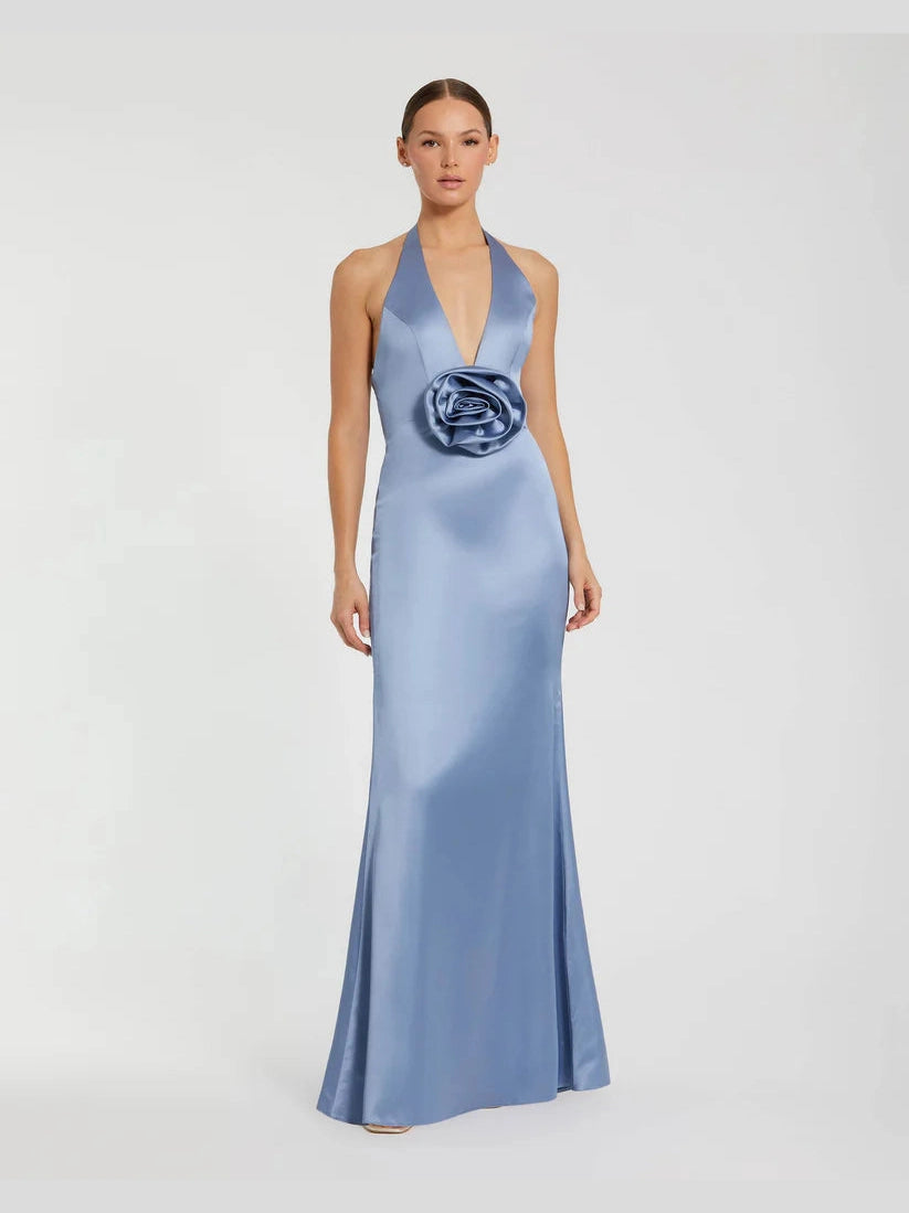 Fitted Satin Sleeveless V Neck Gown With 3D Flower