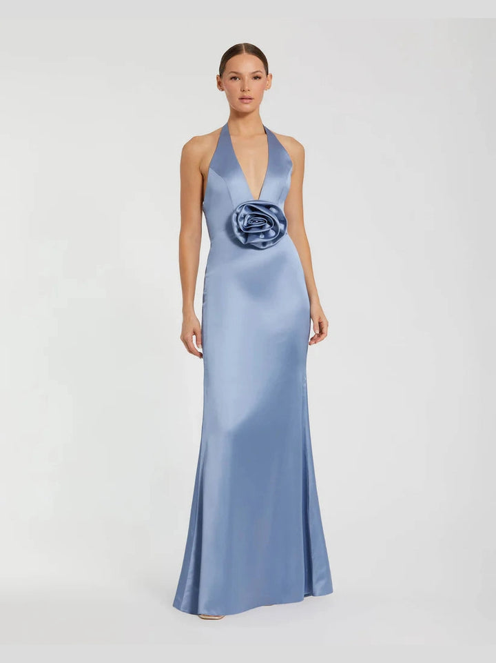Fitted Satin Sleeveless V Neck Gown With 3D Flower