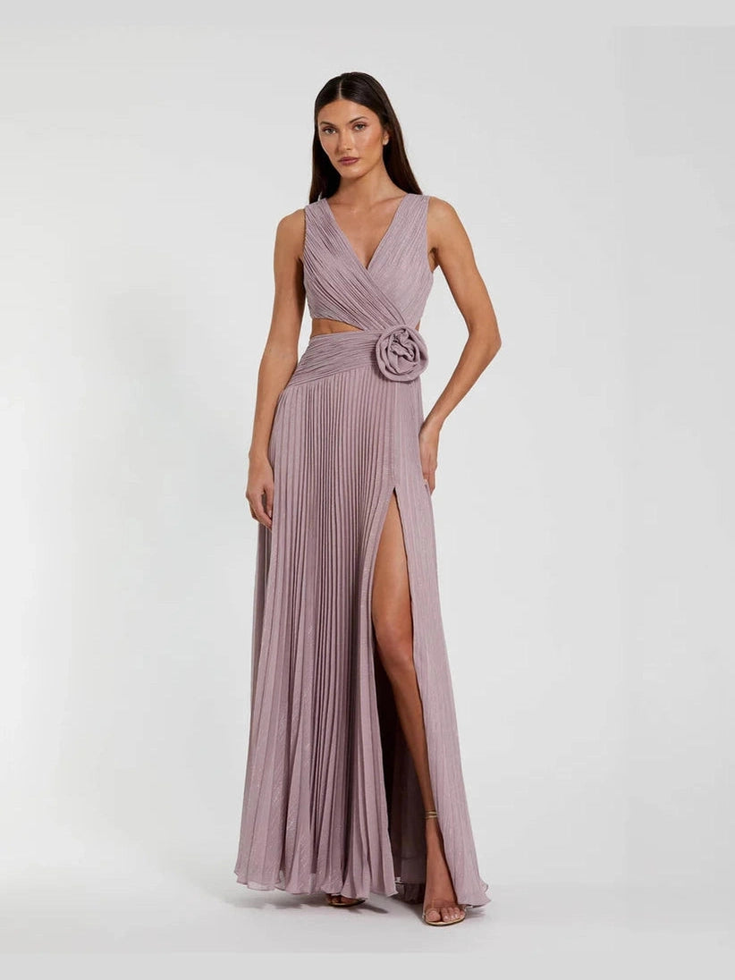 Ruched Chiffon Sleeveless Gown With 3D Flower