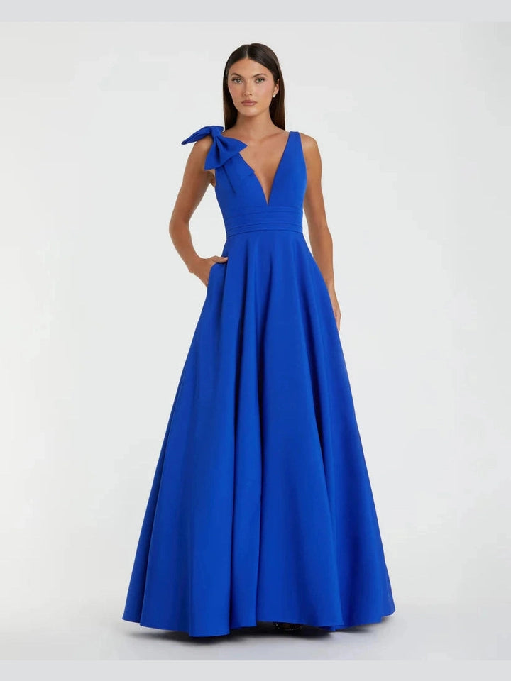 Blue Crepe Sleeveless V Neck Ballgown With Bow