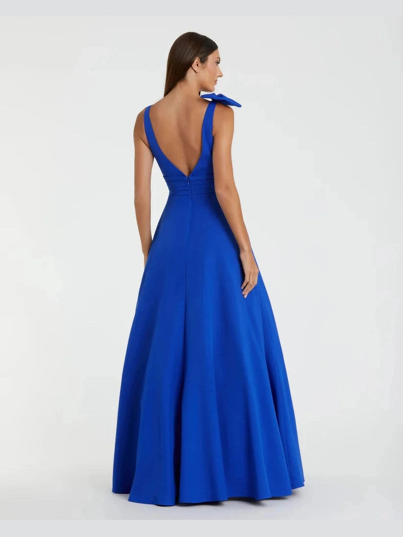 Blue Crepe Sleeveless V Neck Ballgown With Bow