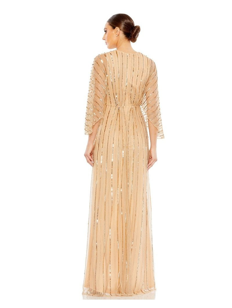 Beaded Striping Kimono Sleeve V Neck Gown