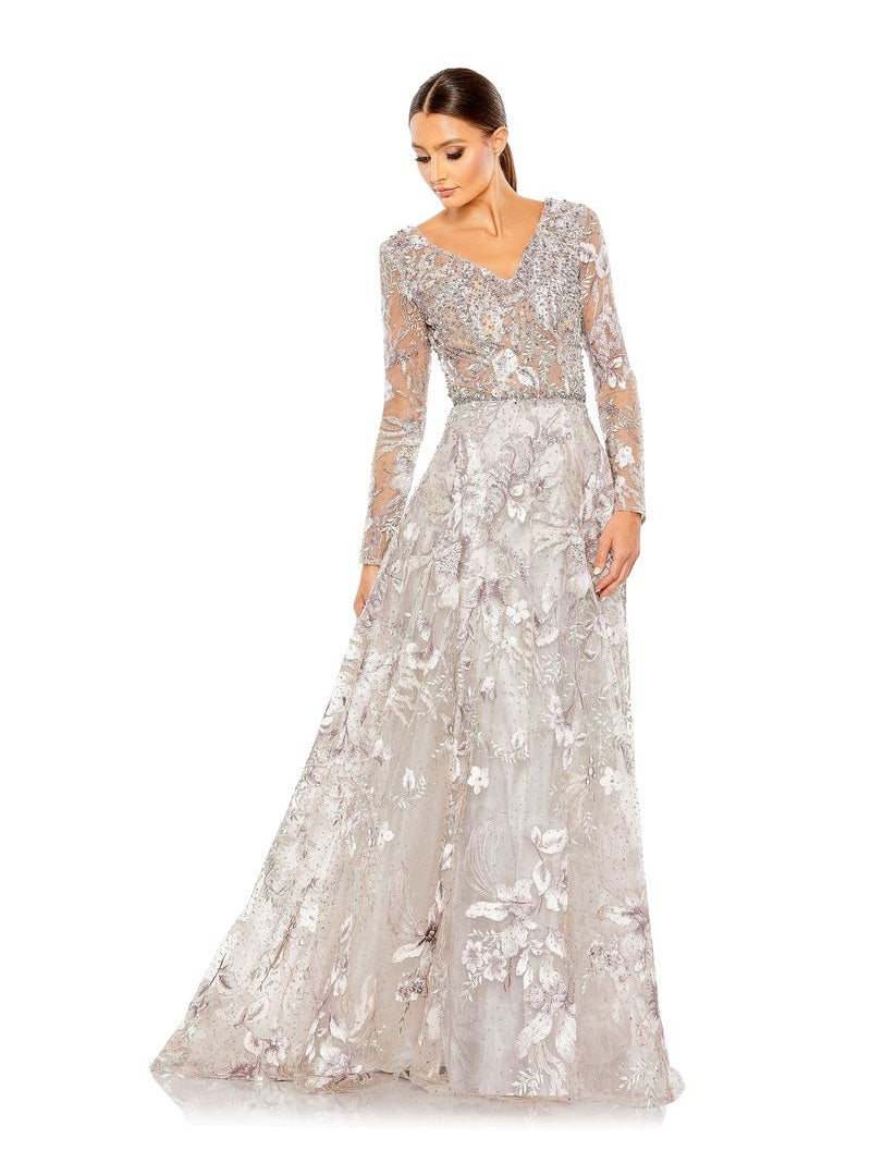 Embellished Long Sleeve V Neck A Line Gown