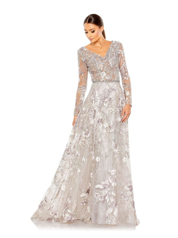 Embellished Long Sleeve V Neck A Line Gown