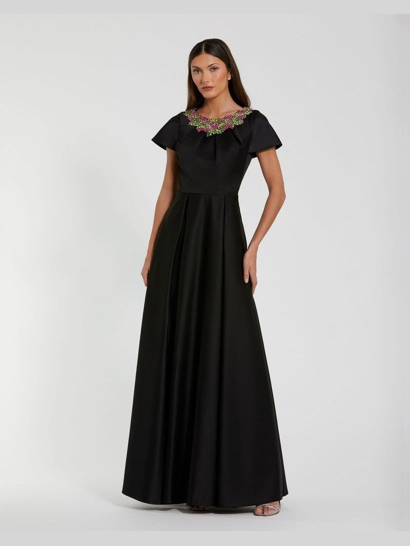 Satin Flutter Sleeve Gown With Neckline Beading