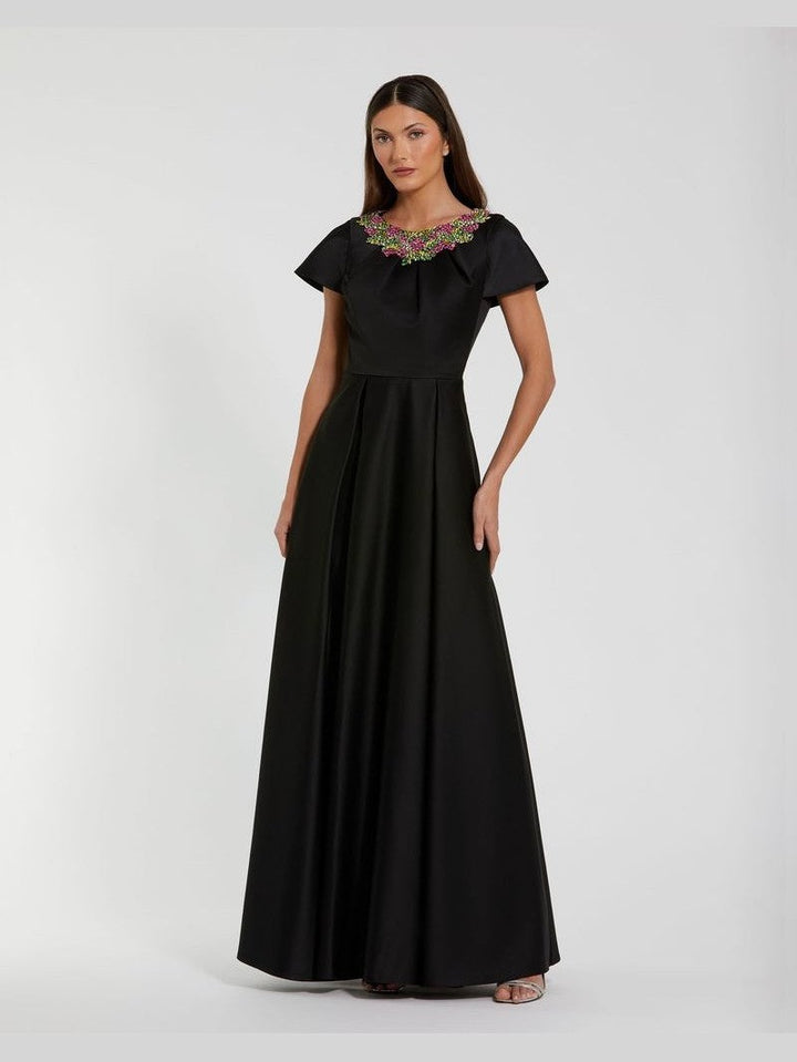 Satin Flutter Sleeve Gown With Neckline Beading