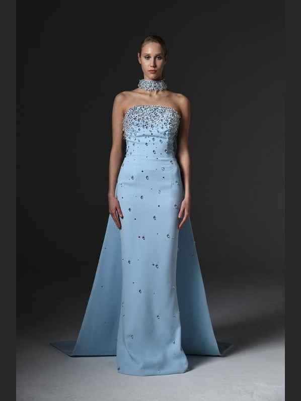 Crystal Embroidered Crepe Dress with Long Cape