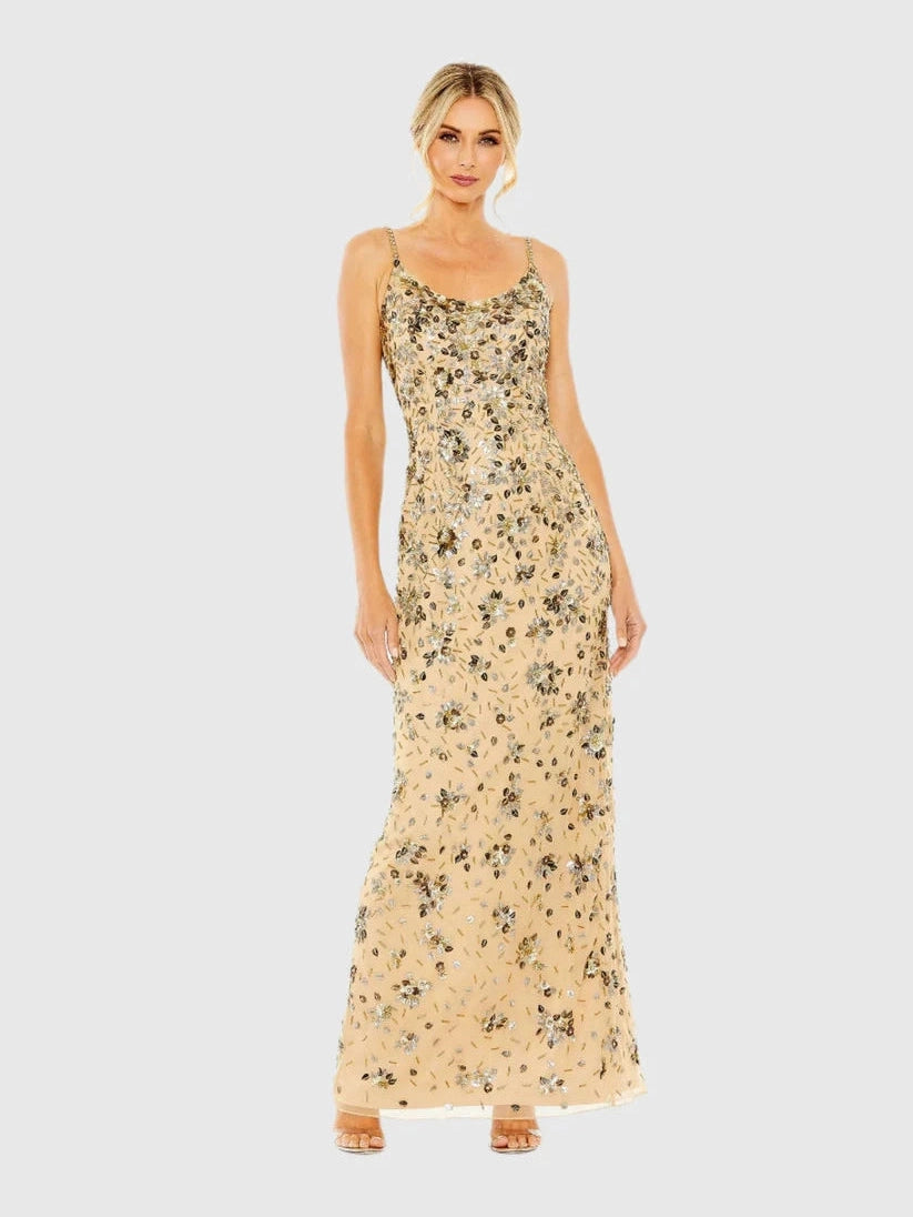 Floral Embellished Scoop Neck Evening Gown