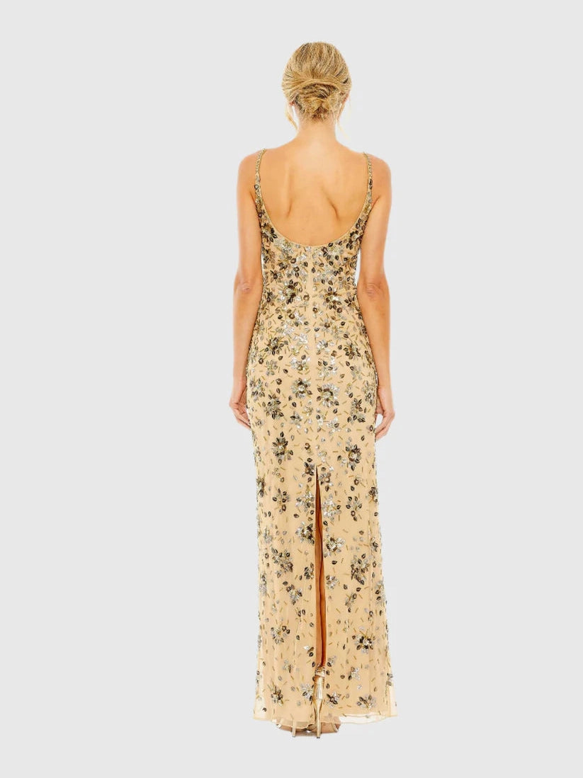 Floral Embellished Scoop Neck Evening Gown