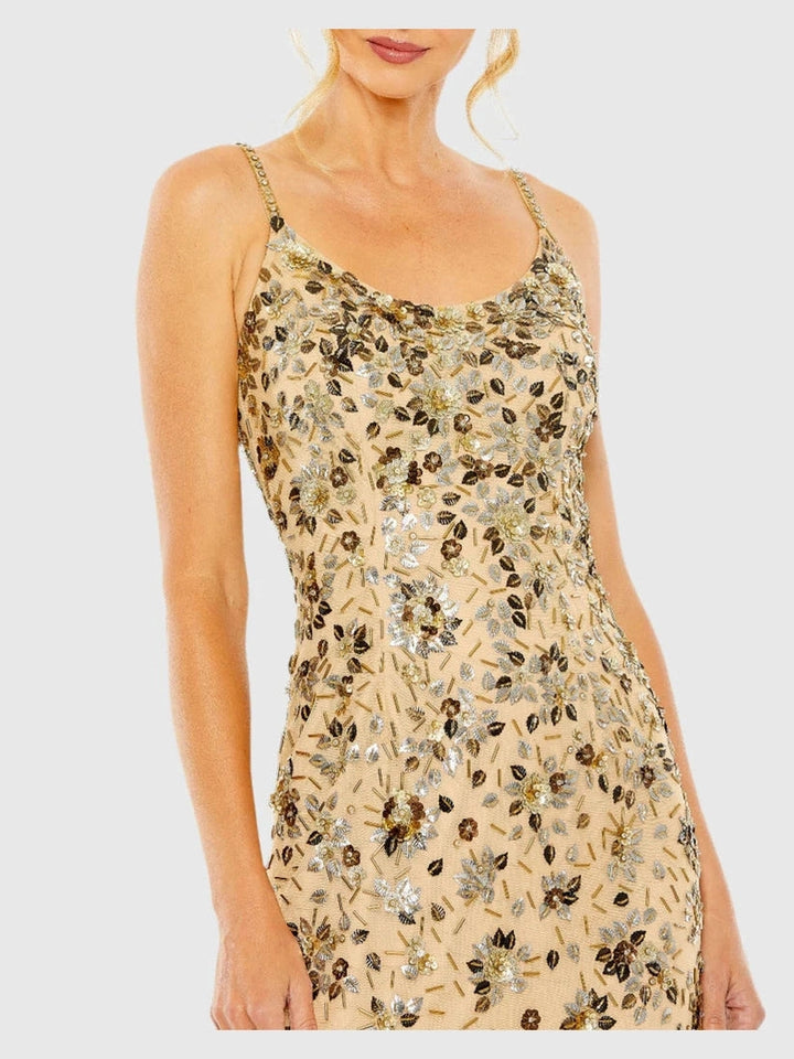 Floral Embellished Scoop Neck Evening Gown