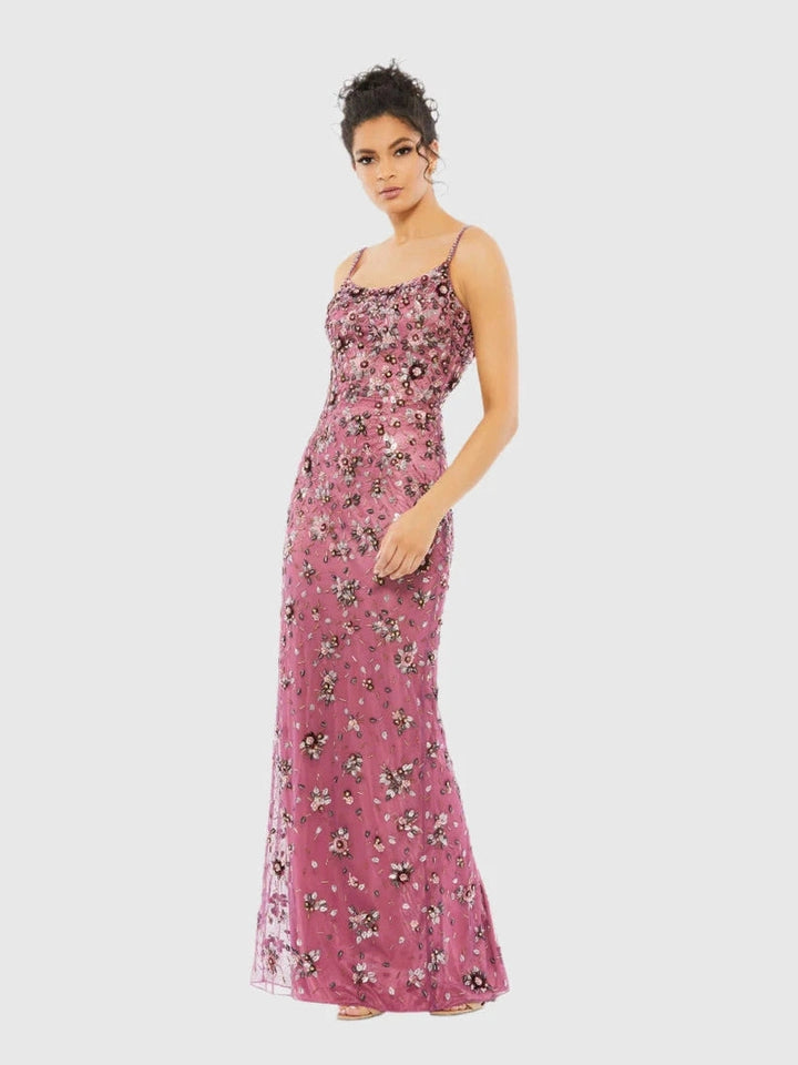 Floral Embellished Scoop Neck Evening Gown