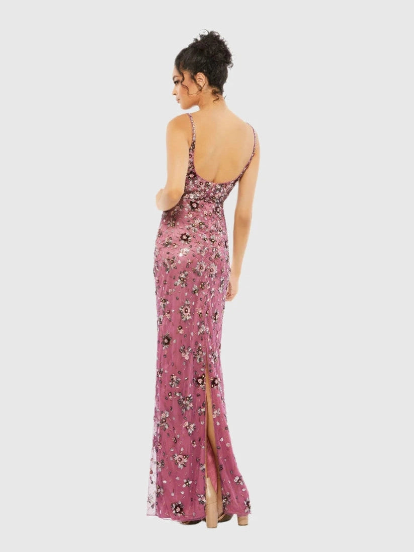 Floral Embellished Scoop Neck Evening Gown