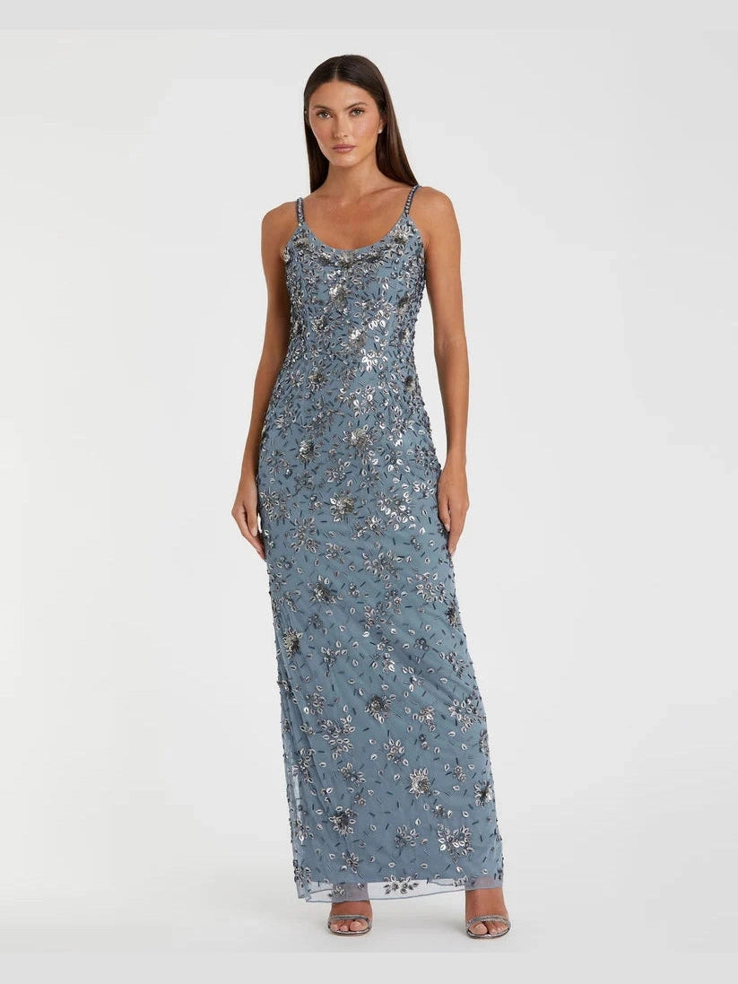 Floral Embellished Scoop Neck Evening Gown