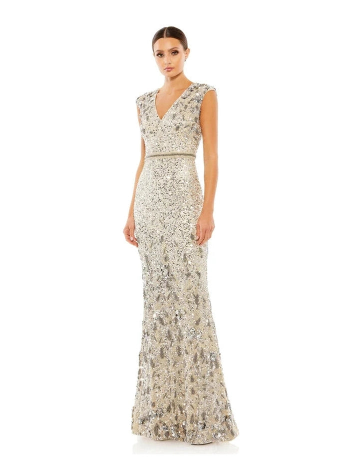 Embellished V Neck Cap Sleeve Sequin Gown