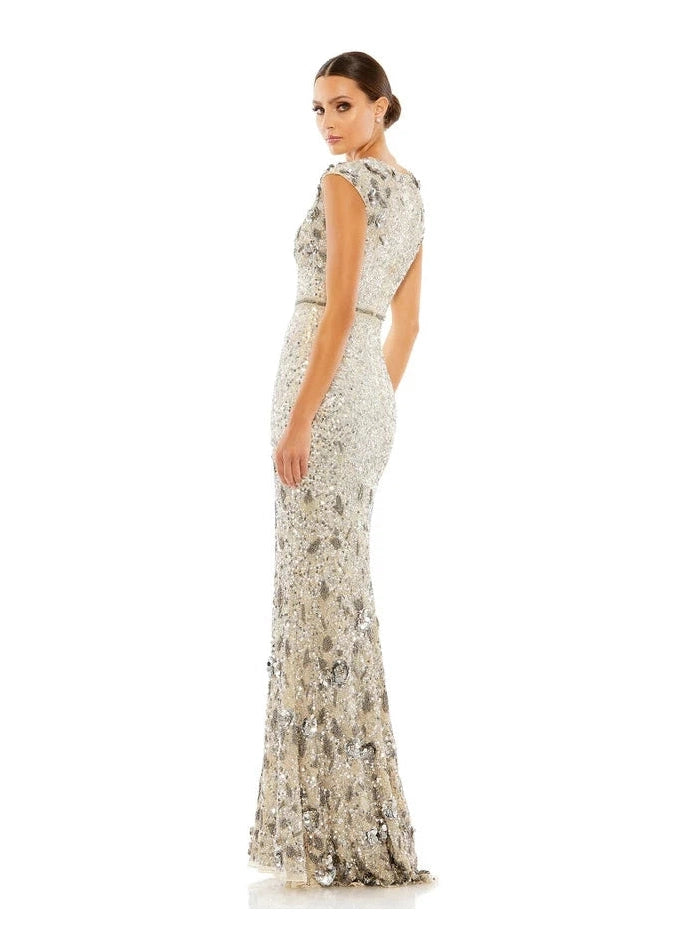 Embellished V Neck Cap Sleeve Sequin Gown
