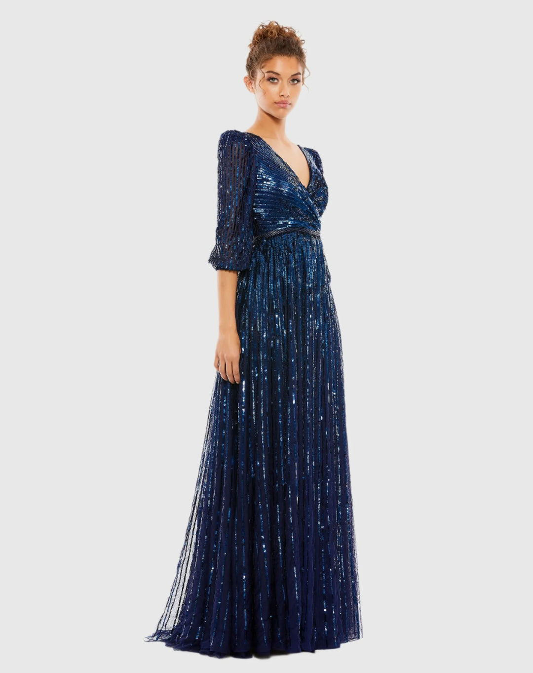 Sequined Wrap Over 3/4 Sleeve Gown