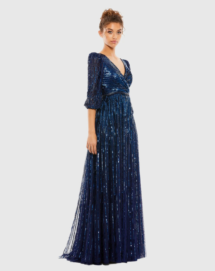 Sequined Wrap Over 3/4 Sleeve Gown