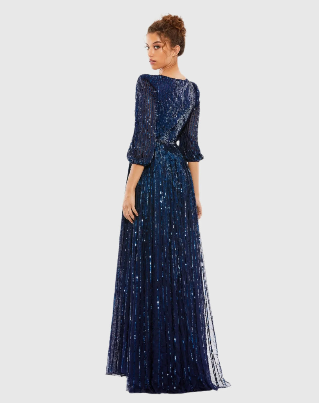 Sequined Wrap Over 3/4 Sleeve Gown