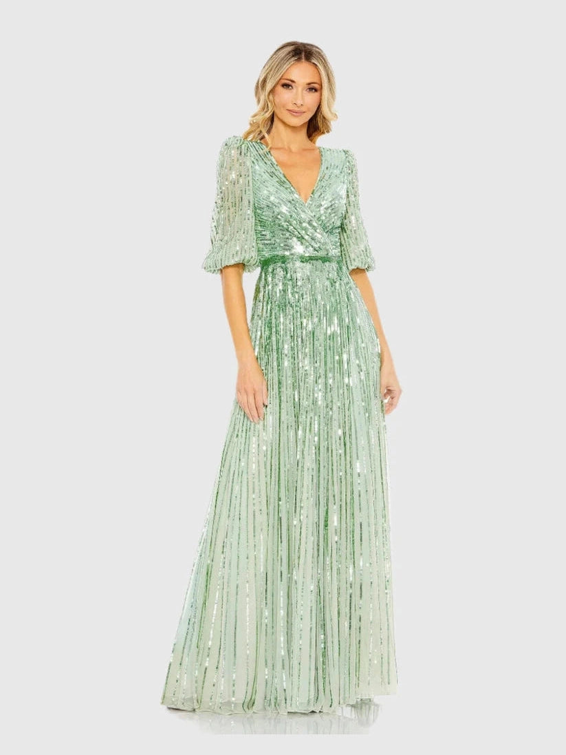 Sequined Wrap Over 3/4 Sleeve Gown
