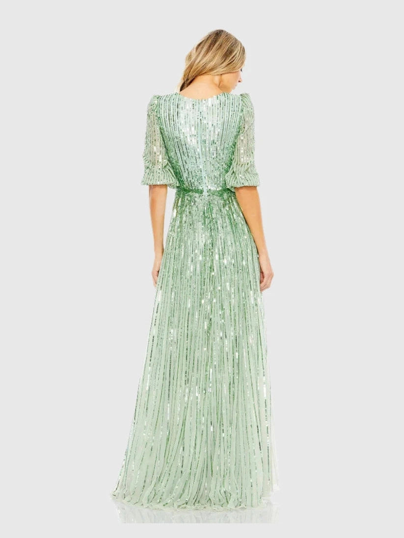Sequined Wrap Over 3/4 Sleeve Gown