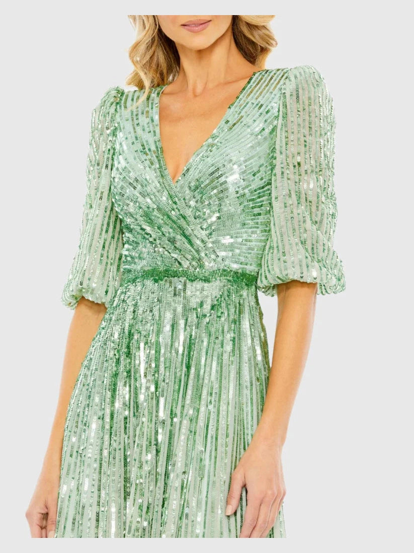 Sequined Wrap Over 3/4 Sleeve Gown