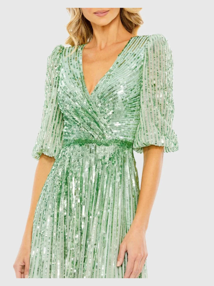 Sequined Wrap Over 3/4 Sleeve Gown