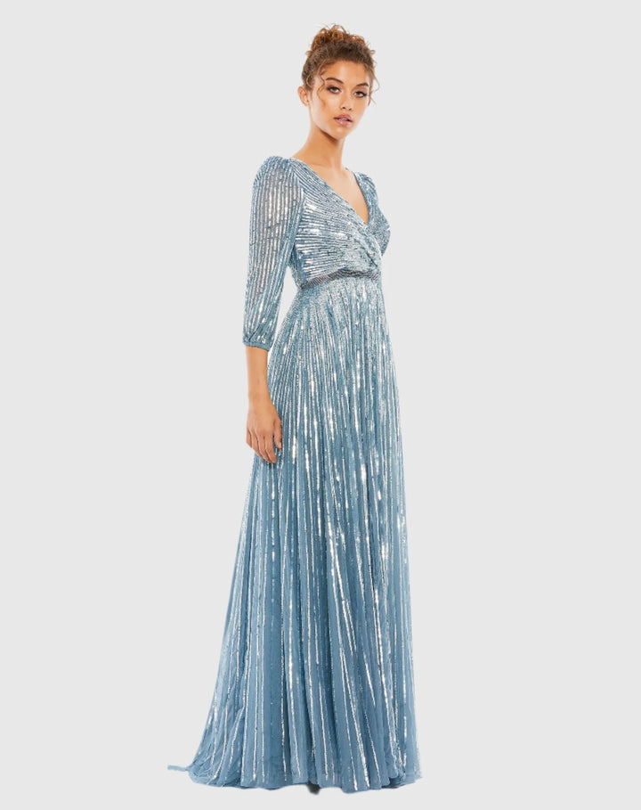 Sequined Wrap Over 3/4 Sleeve Gown