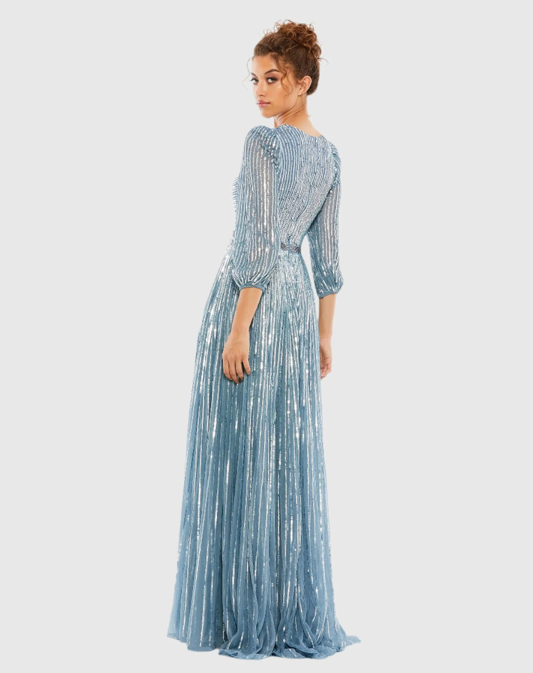 Sequined Wrap Over 3/4 Sleeve Gown