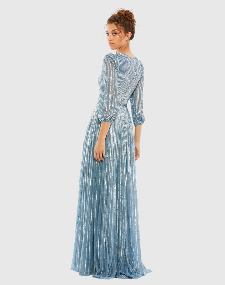 Sequined Wrap Over 3/4 Sleeve Gown