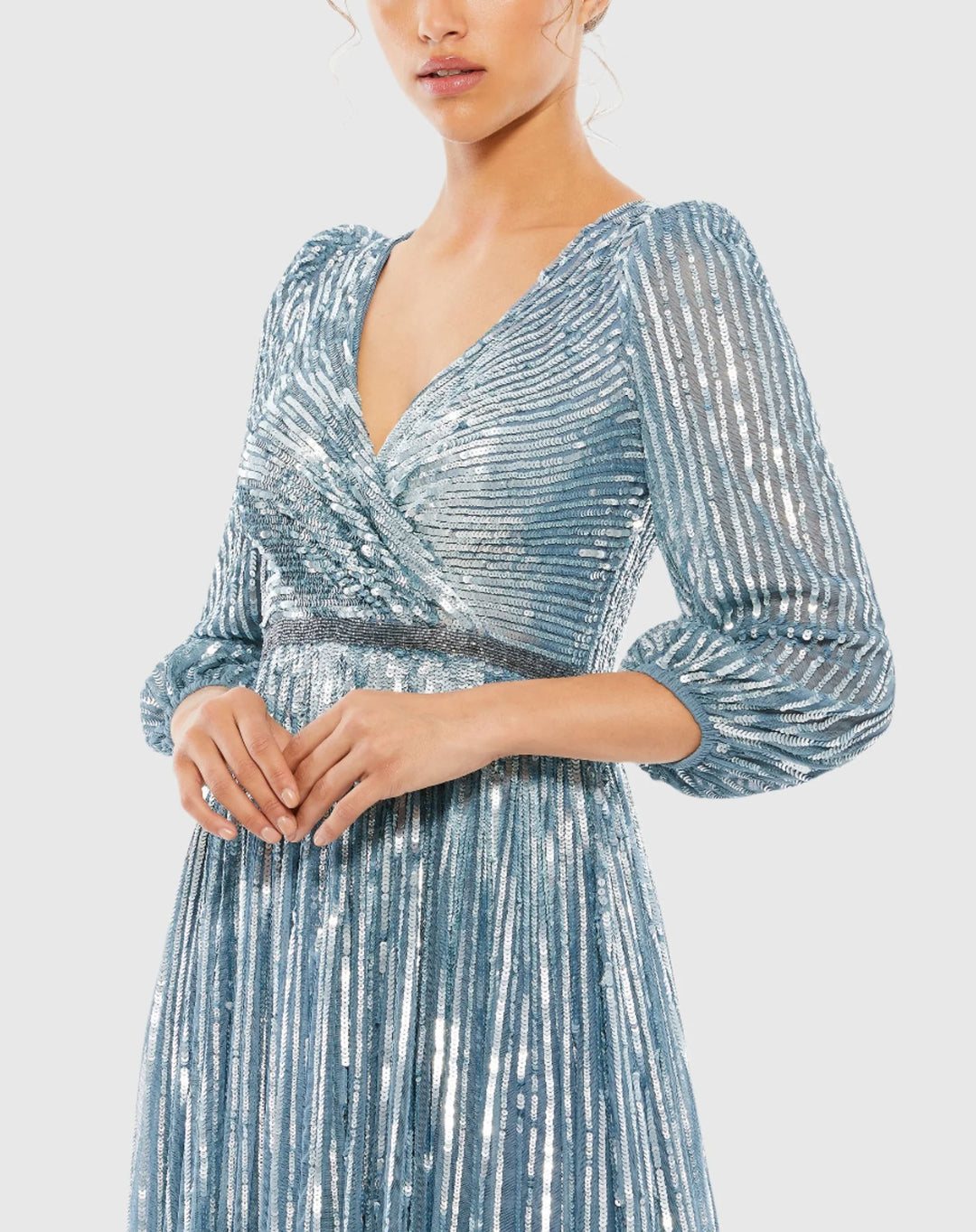 Sequined Wrap Over 3/4 Sleeve Gown