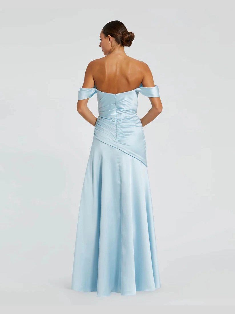 Hard Satin Off The Shoulder Crossover Gown