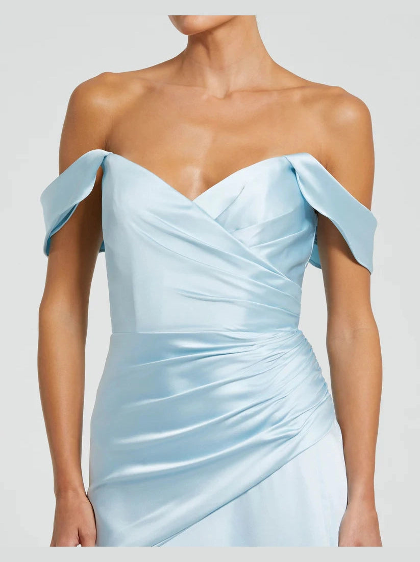 Hard Satin Off The Shoulder Crossover Gown