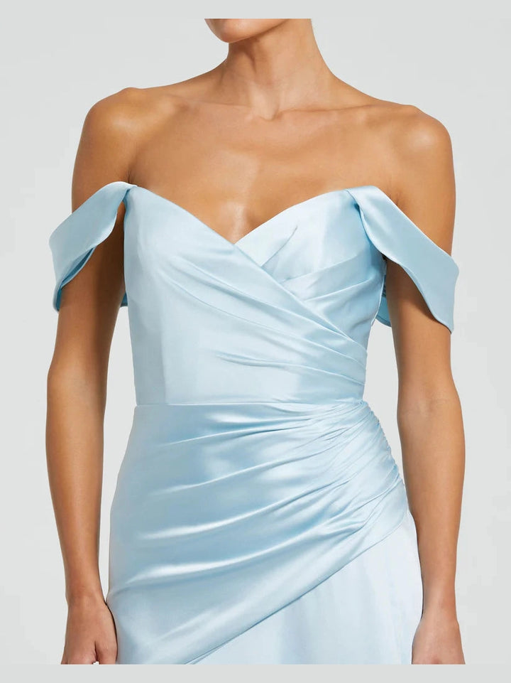 Hard Satin Off The Shoulder Crossover Gown