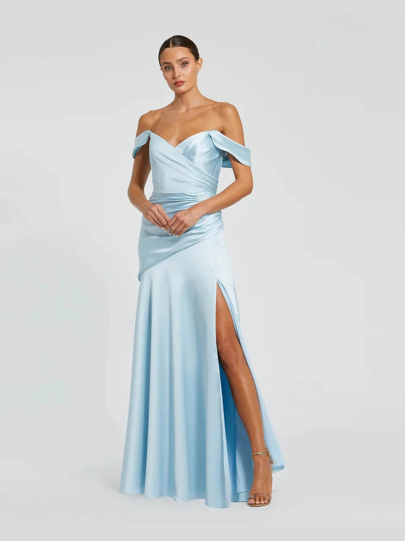 Hard Satin Off The Shoulder Crossover Gown