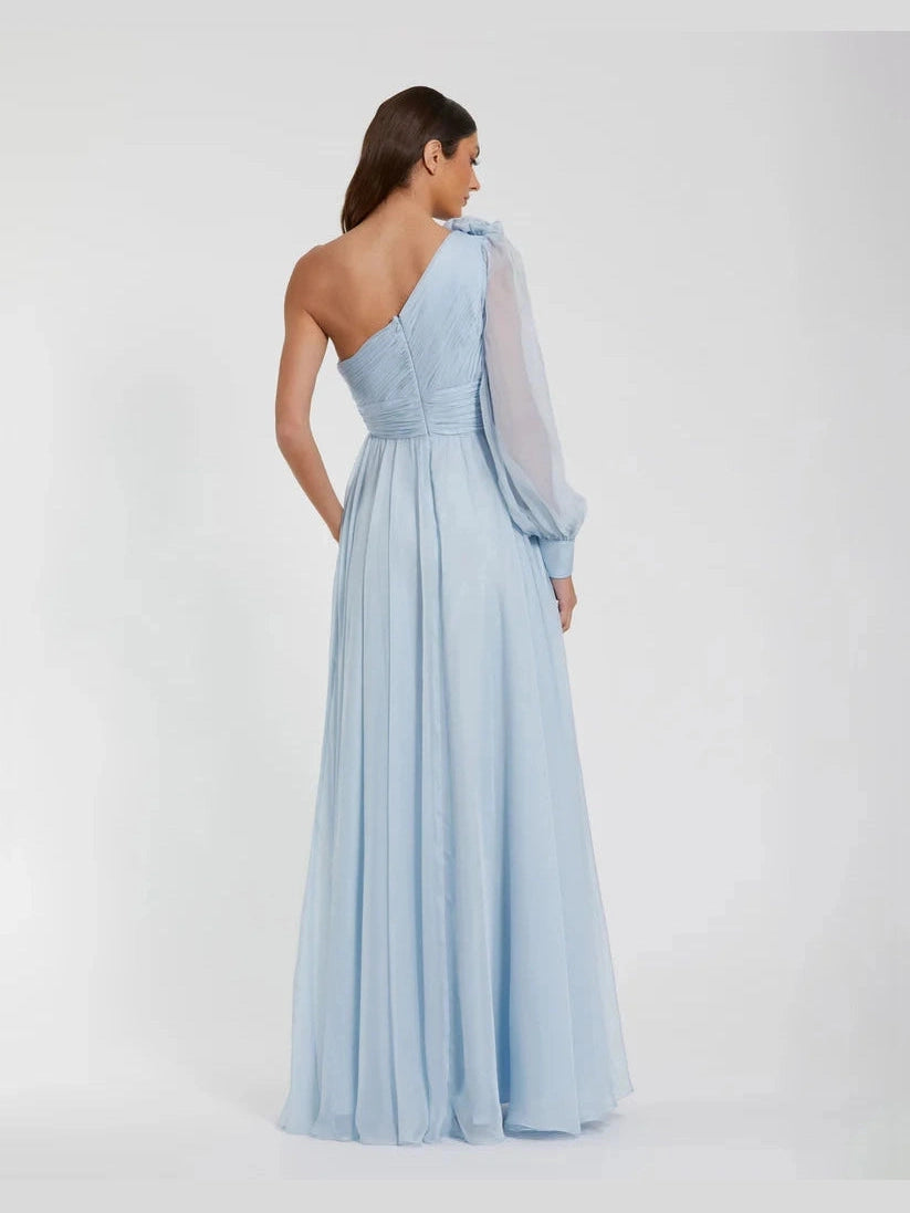 One Sleeve Chiffon Gown With 3D Flowers