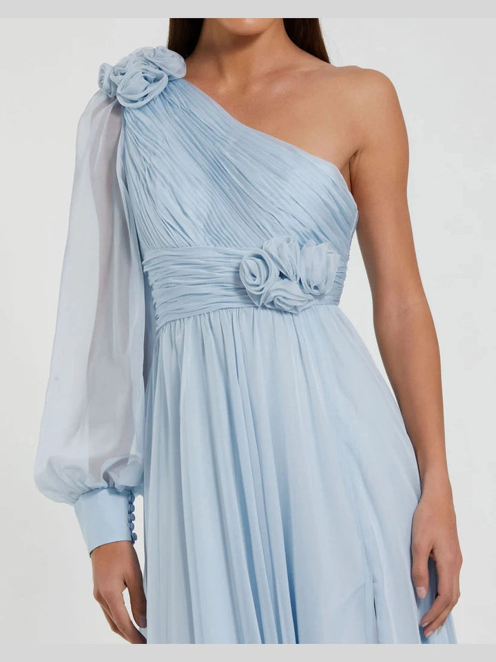 One Sleeve Chiffon Gown With 3D Flowers