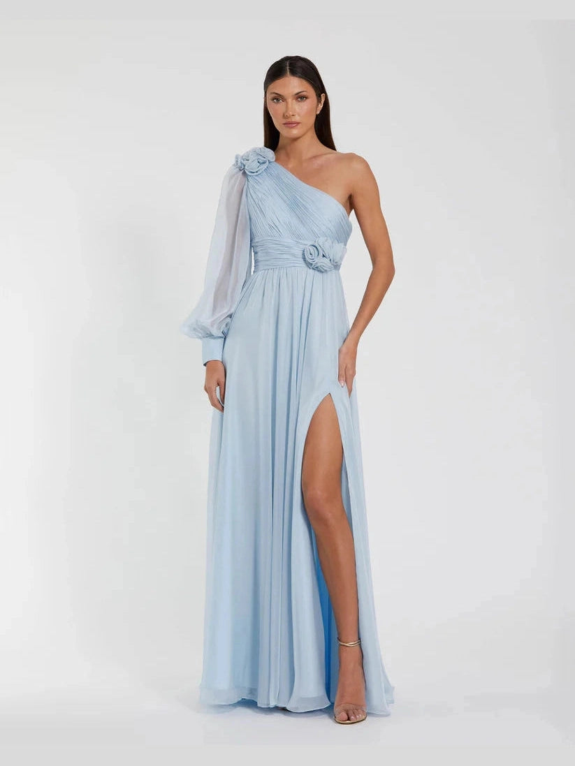 One Sleeve Chiffon Gown With 3D Flowers