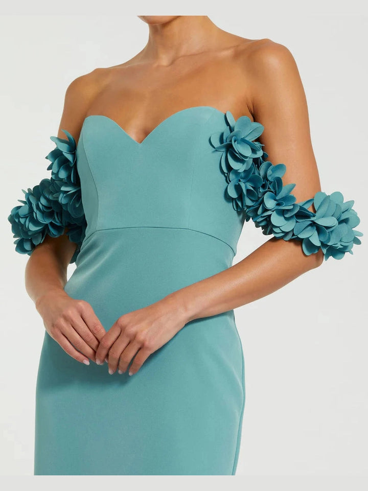 Crepe Off The Shoulder Gown With 3D Flowers