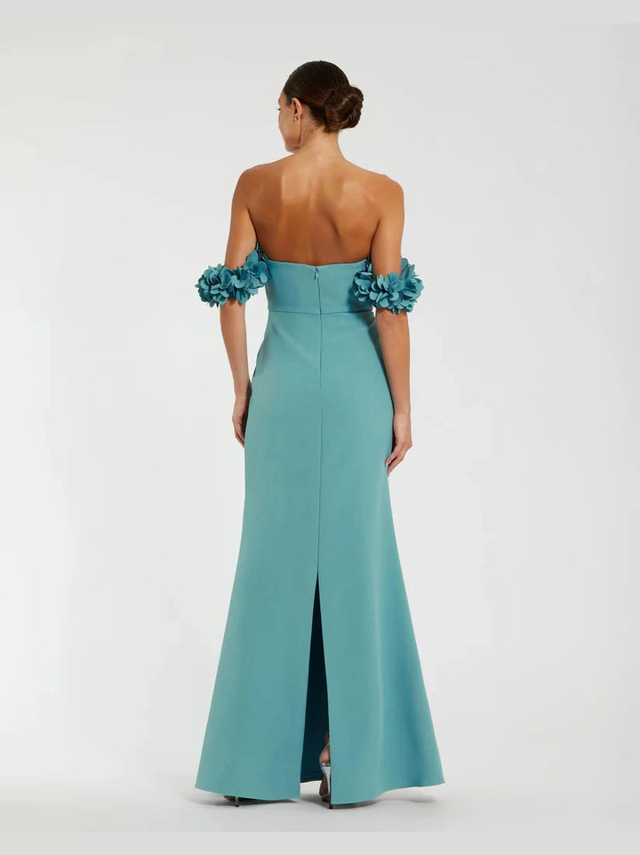 Crepe Off The Shoulder Gown With 3D Flowers