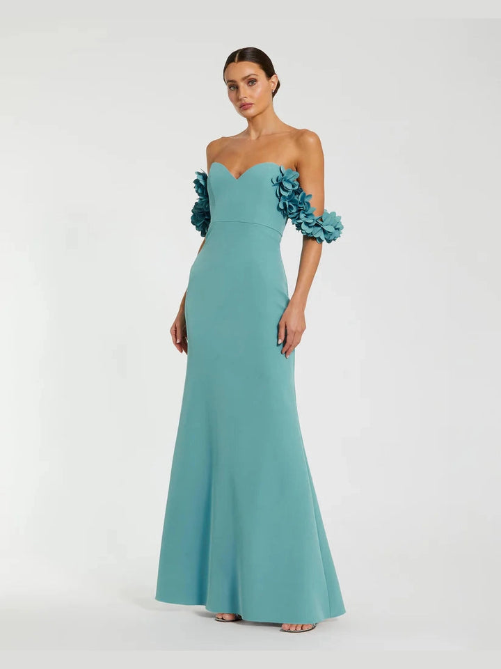Crepe Off The Shoulder Gown With 3D Flowers