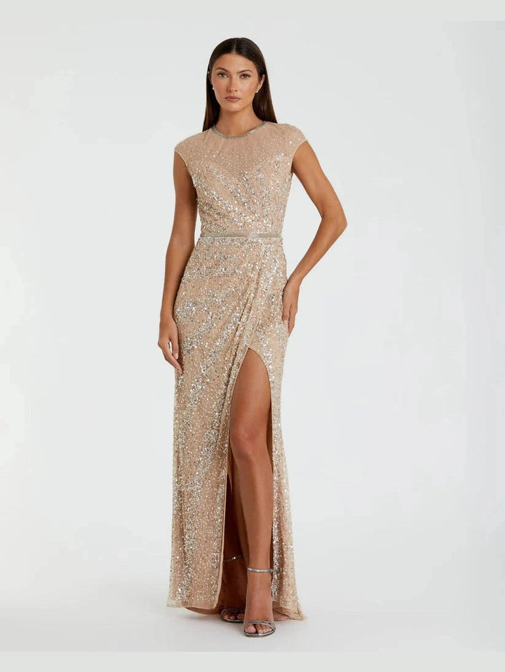 Embellished Illusion High Neck Cap Sleeve Gown