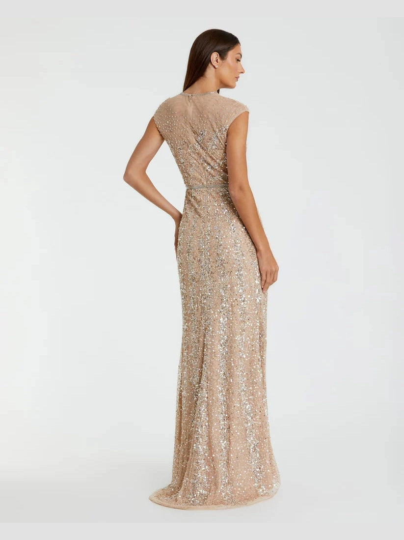 Embellished Illusion High Neck Cap Sleeve Gown