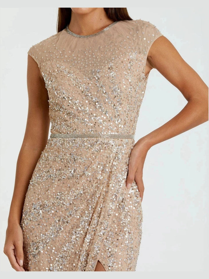 Embellished Illusion High Neck Cap Sleeve Gown