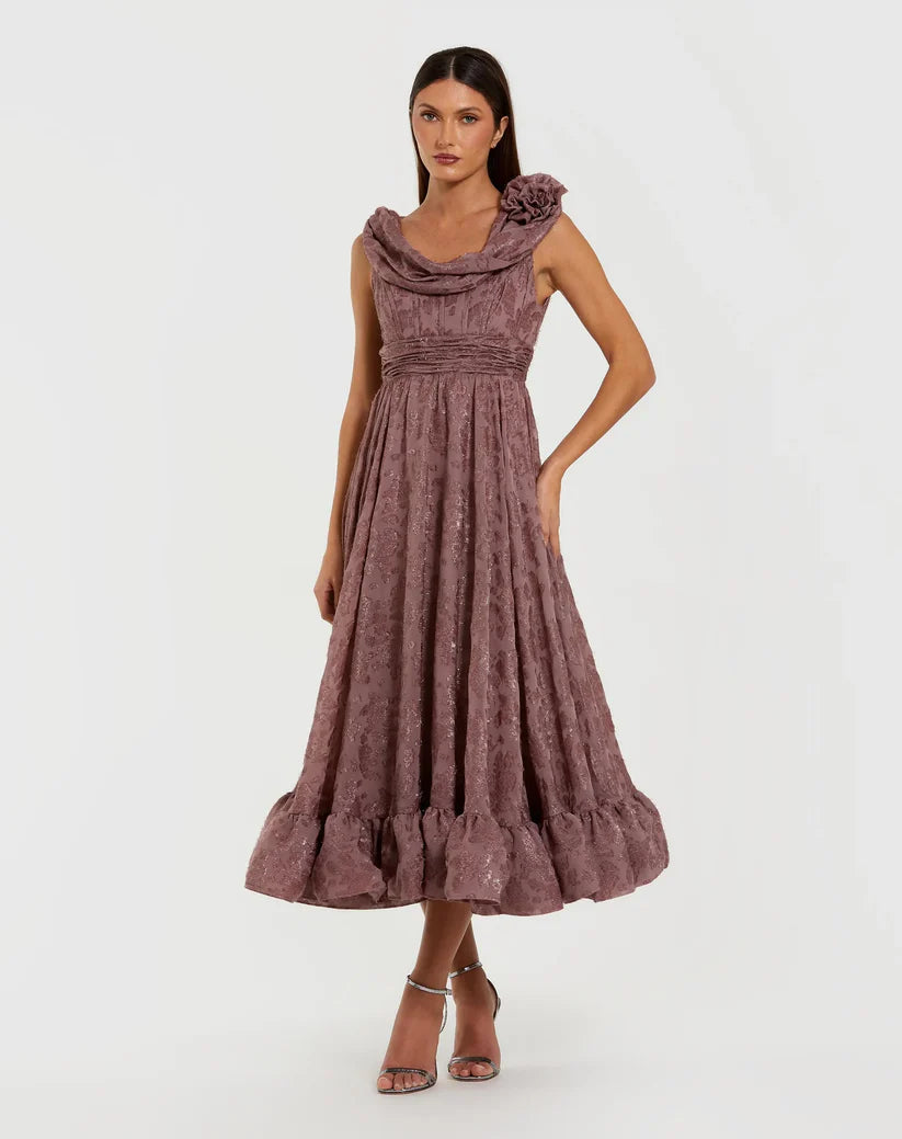 Mauve Sleeveless Cowl Neck Chiffon Midi Dress