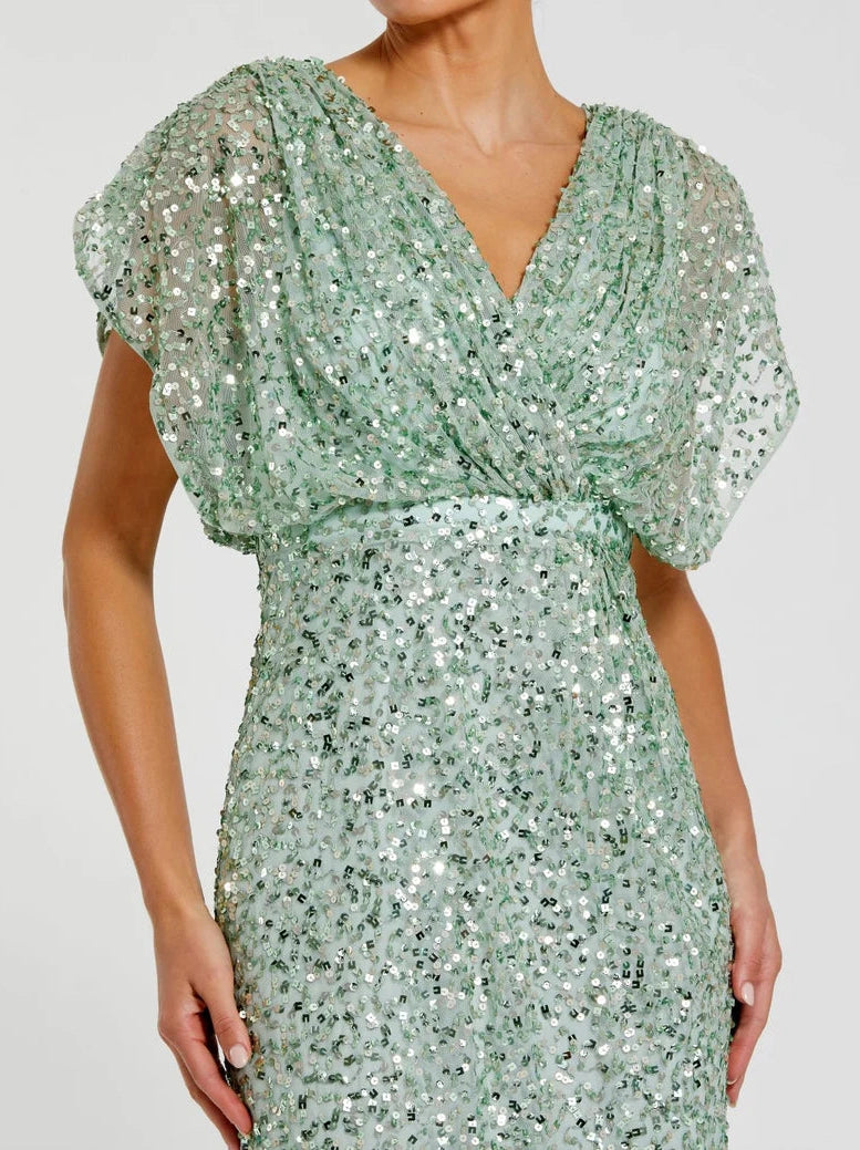 Draped Sleeve V Neck Gown