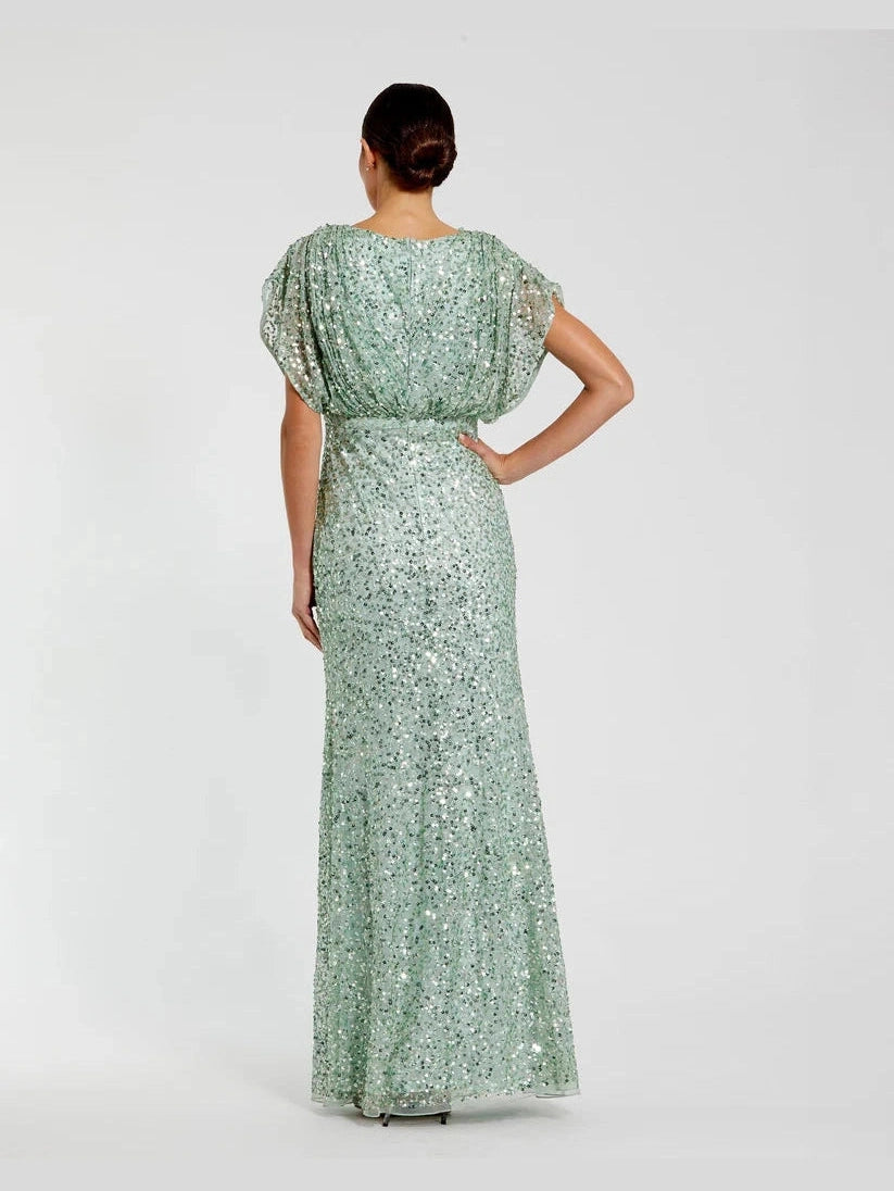 Draped Sleeve V Neck Gown