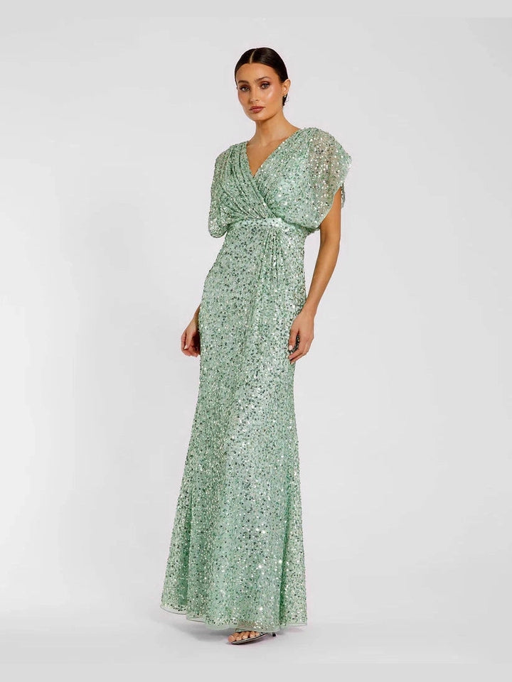 Draped Sleeve V Neck Gown