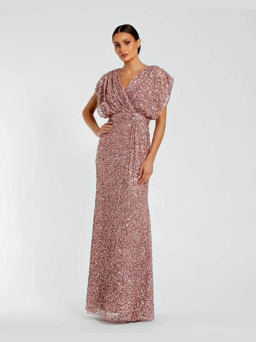 Draped Sleeve V Neck Gown