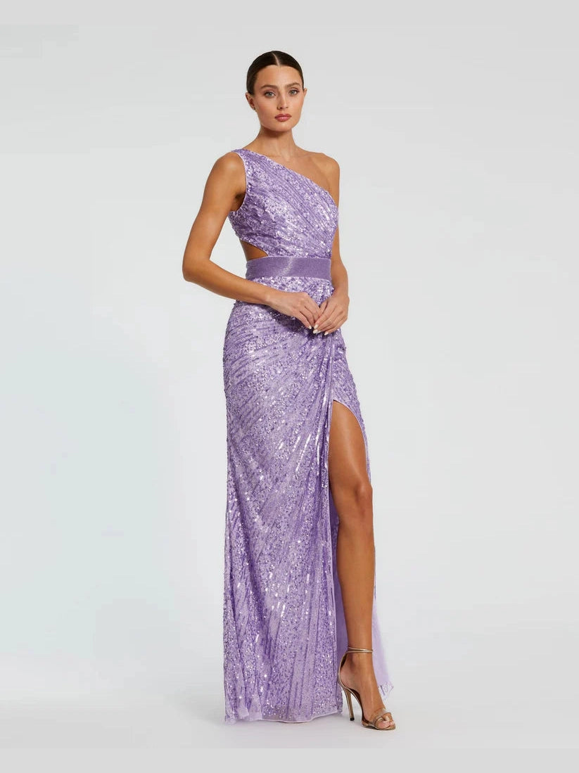 Sequined One Shoulder Draped Lace Up Gown