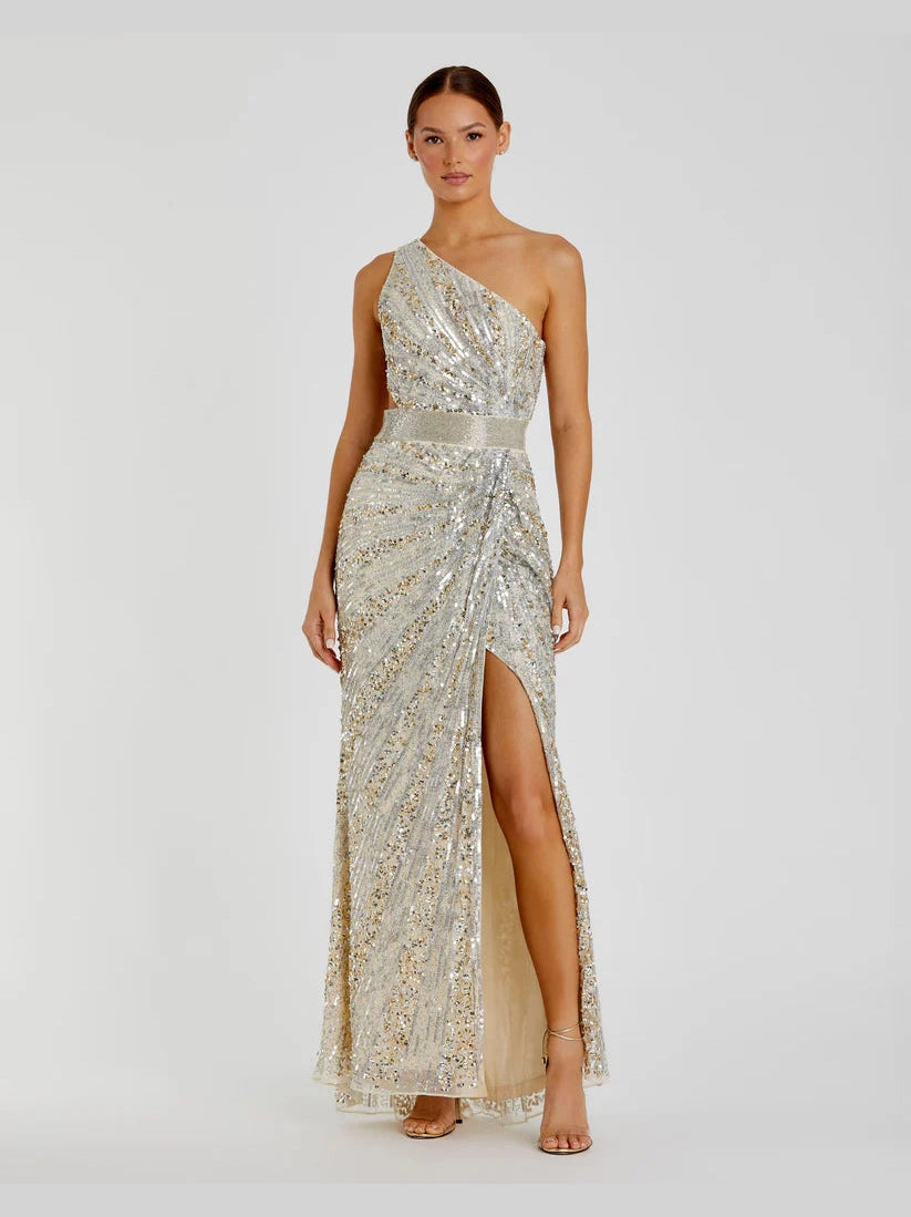 Sequined One Shoulder Draped Lace Up Gown